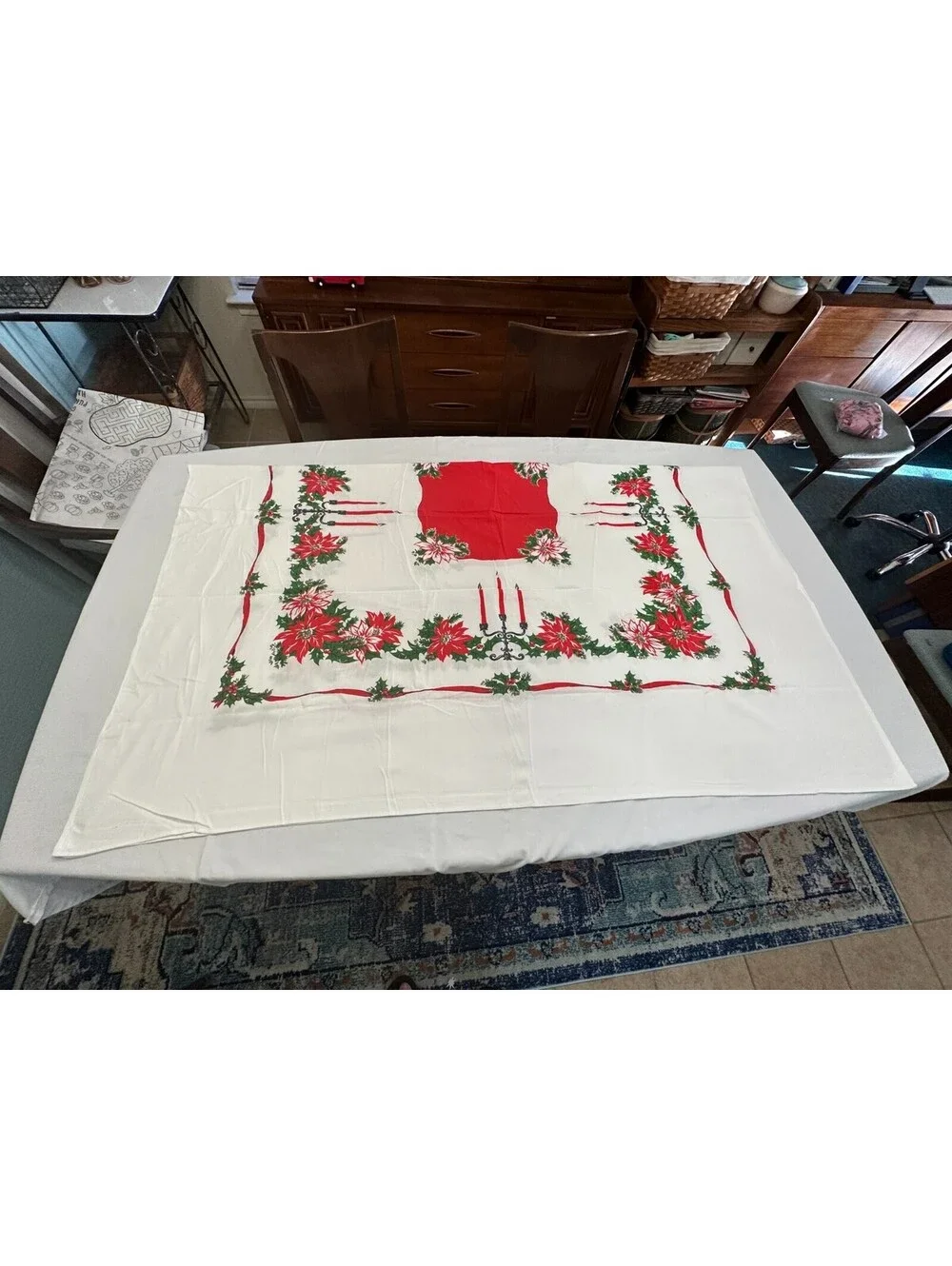 Christmas Holly Candle Poinsettia Holly Tablecloth White Red Rectangle